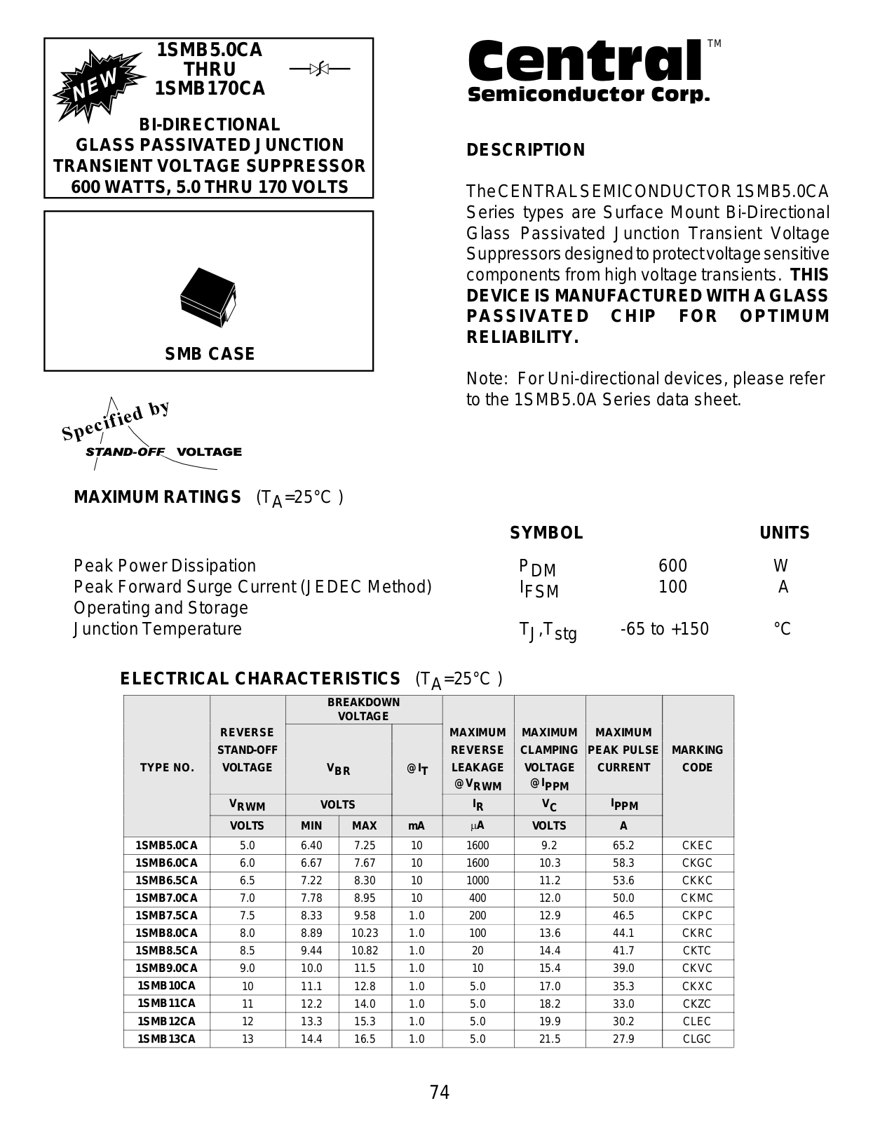 CENTR 1SMB90CA, 1SMB85CA, 1SMB8.0CA, 1SMB78CA, 1SMB75CA Datasheet