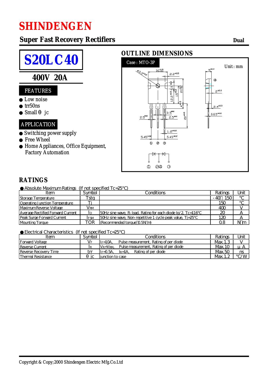 Shindengen Electric Manufacturing Company Ltd S20LC40 Datasheet