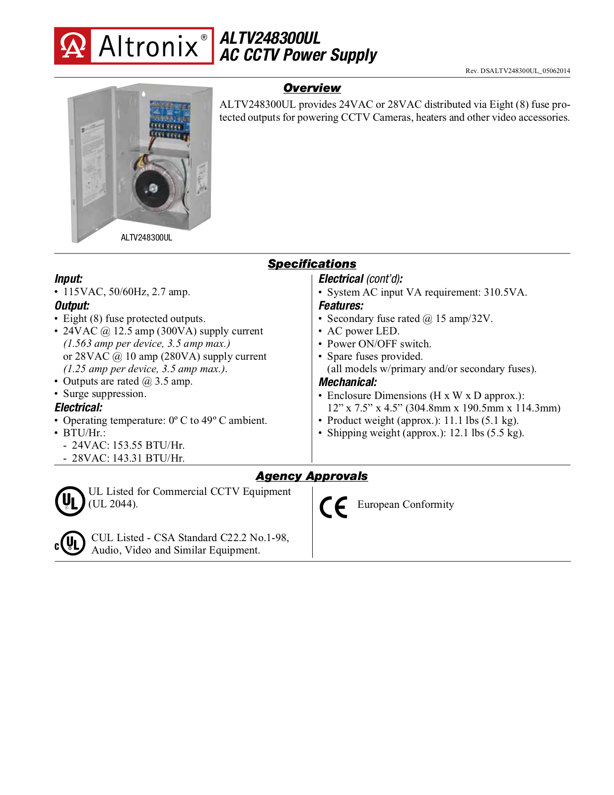 Altronix ALTV248300UL Specsheet