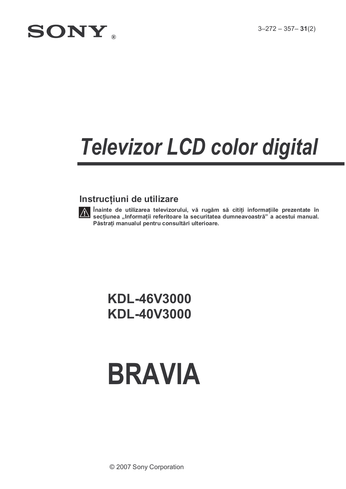 Sony KDL-46V3000, KDL-40V3000 User Manual