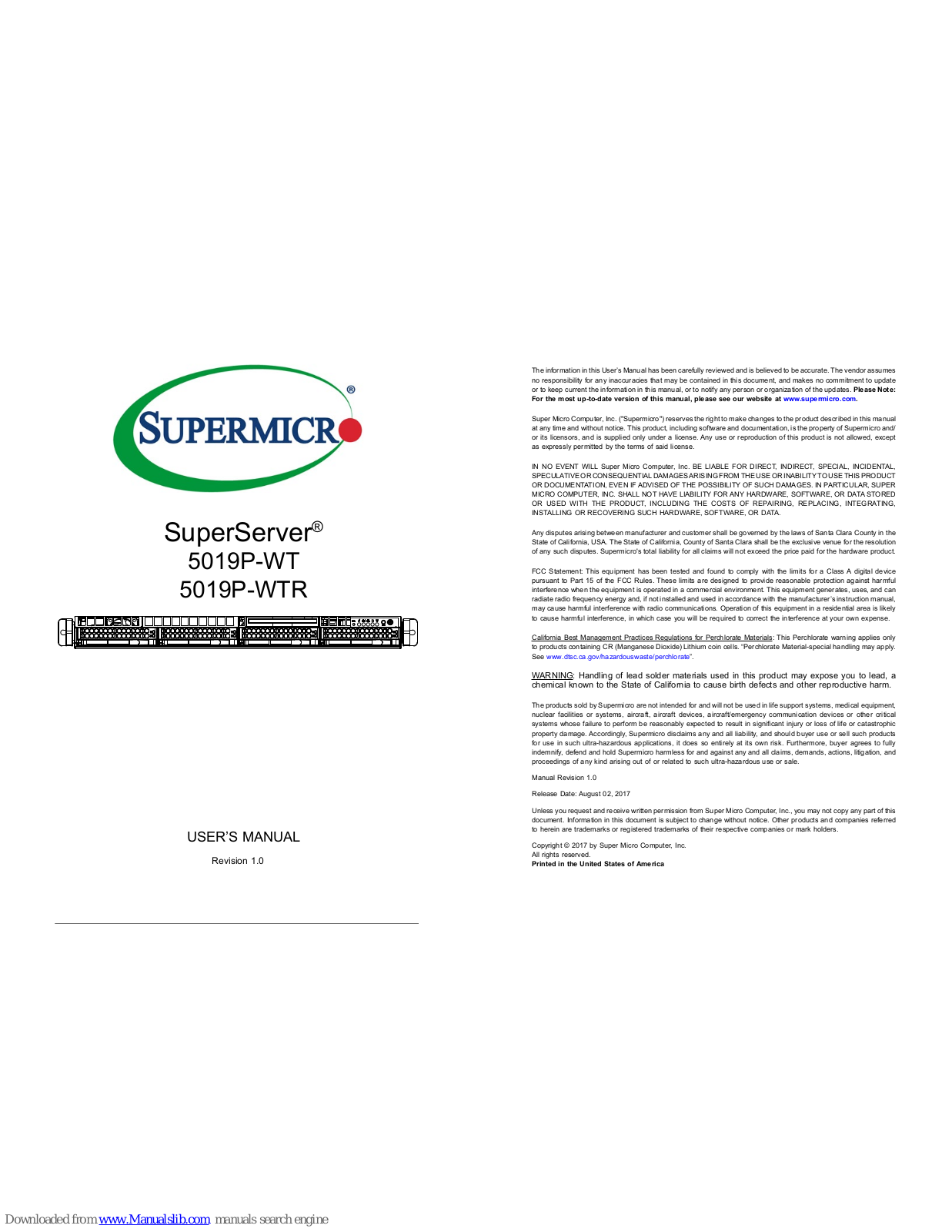 Supermicro SuperServer 5019P-WT, SuperServer 5019P-WTR, SuperServer 1019P-WTR User Manual