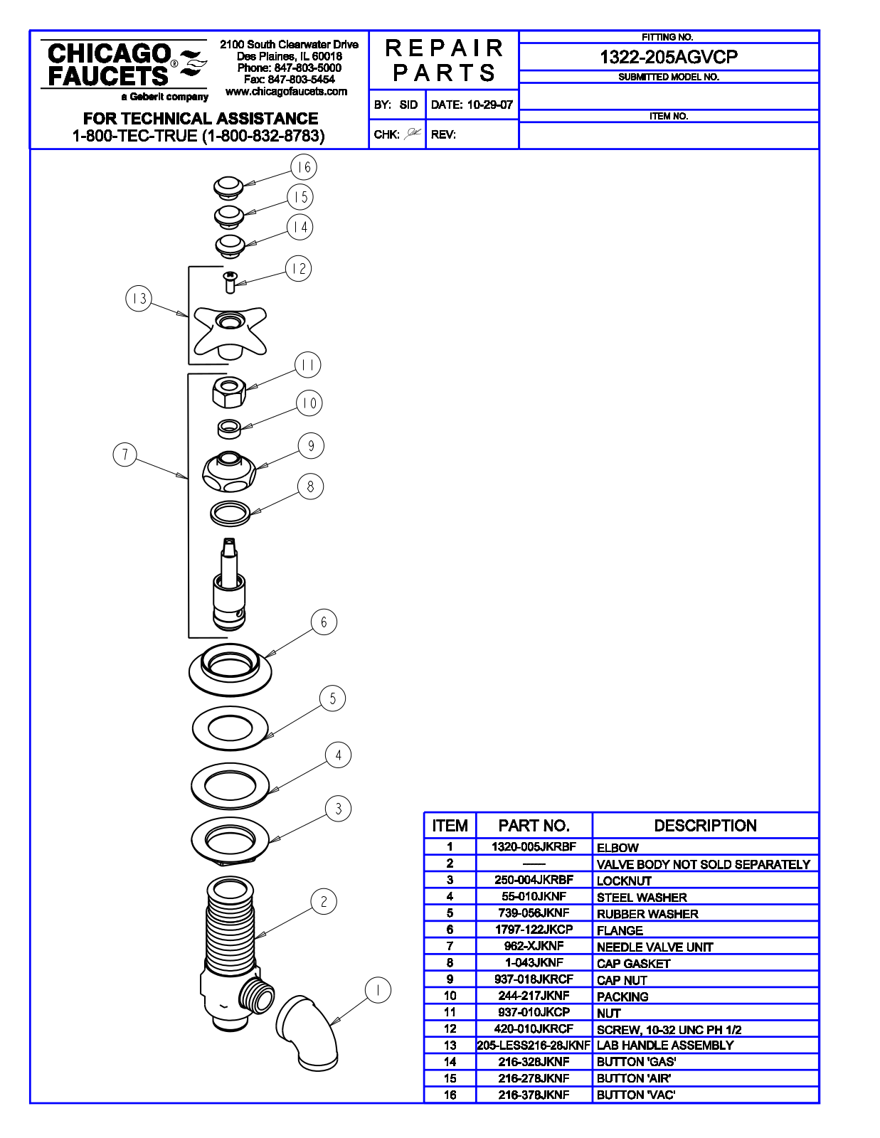 Chicago Faucet 1322-205AGVCP Parts List