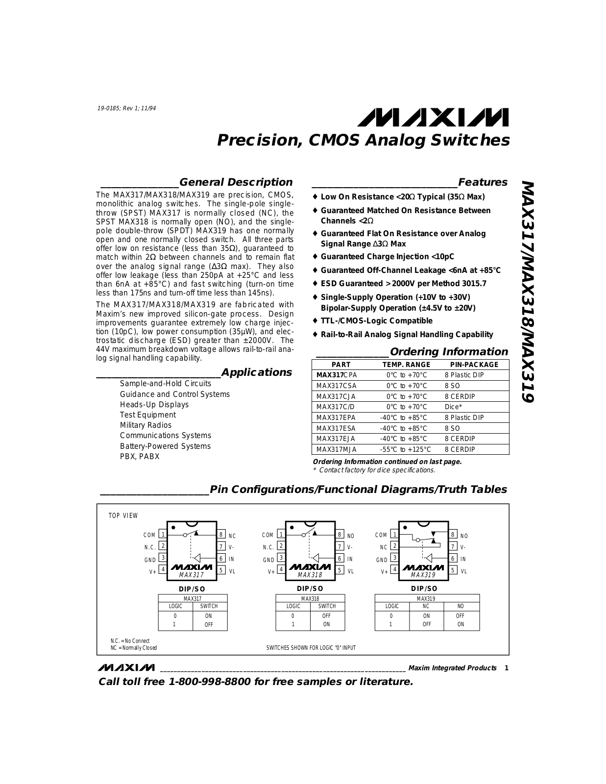 Maxim MAX319MJA, MAX319ESA, MAX319EPA, MAX319CPA, MAX319CJA Datasheet