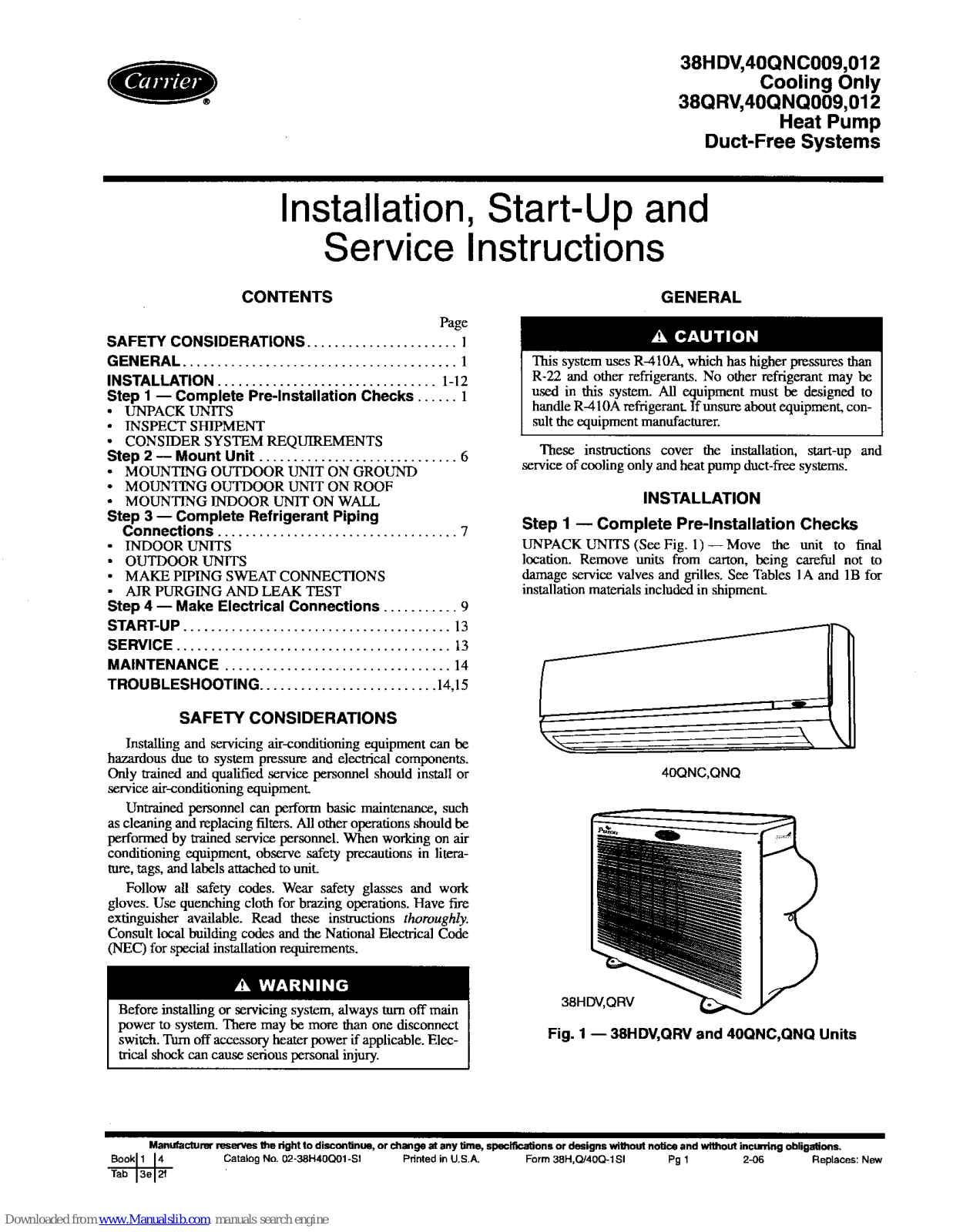 Carrier 38HDV009, 40QNC009, 38HDV012, 40QNC012, 38QRV009 Installation, Start-up And Service Instructions Manual - ManualMachine.com