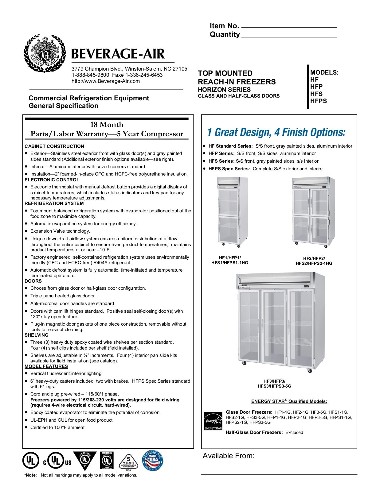 Beverage-Air HF21G, HF35G, HF11HG, HF21HG, HFP21HG Specifications