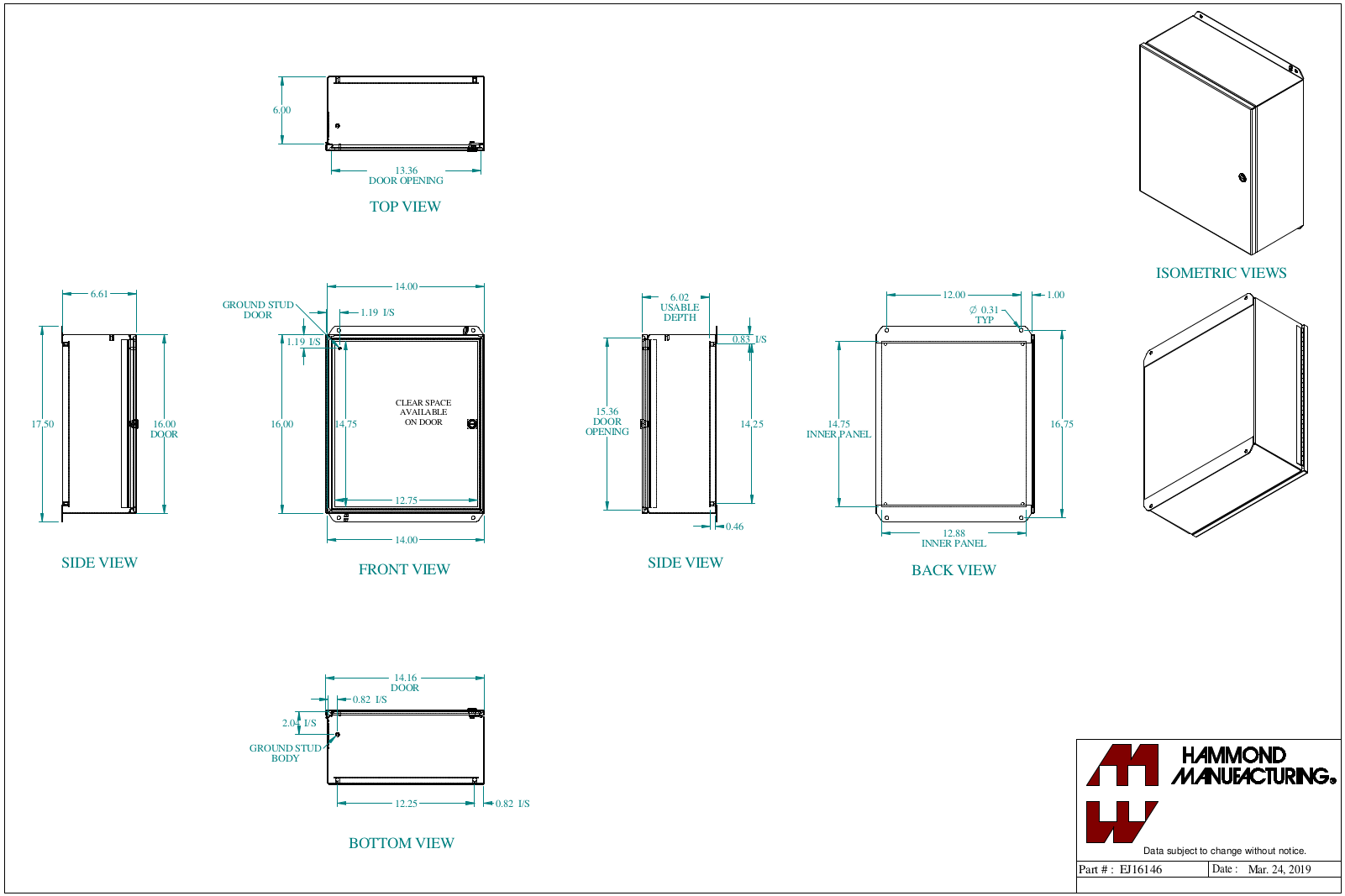 Hammond Manufacturing EJ16146 technical drawings