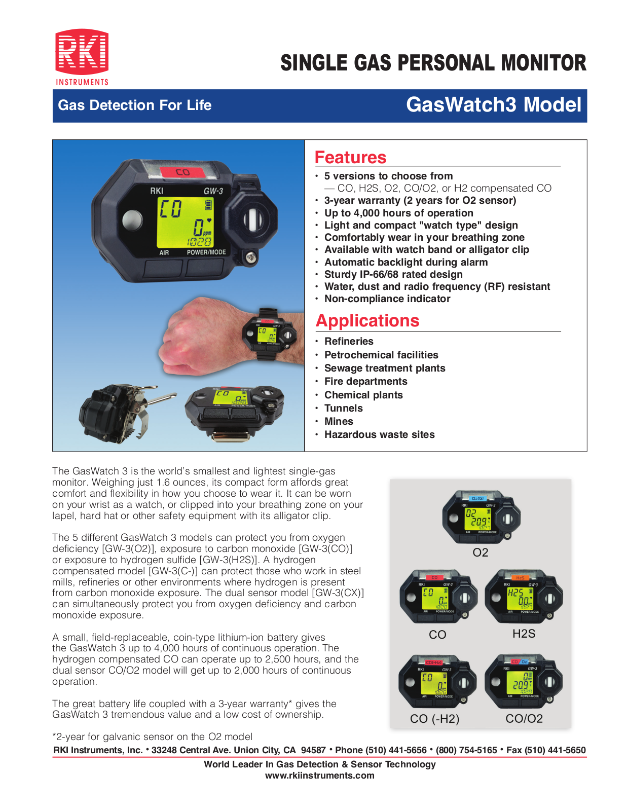 RKI Instruments GasWatch 3 Specifications