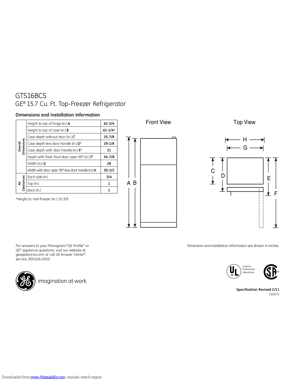 GE GTS16BCSLWW, GTS16BCS, GTS16BCSWW, GTS16BCSCC Dimensions And Installation Information