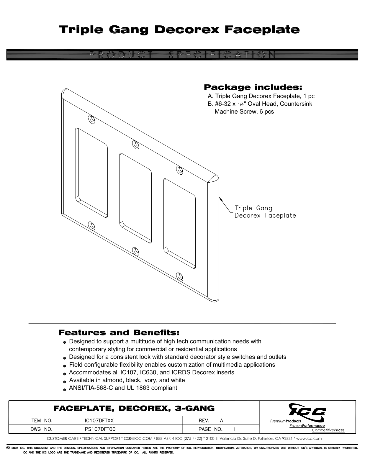 ICC IC107DFTAL, IC107DFTBK, IC107DFTWH Specsheet