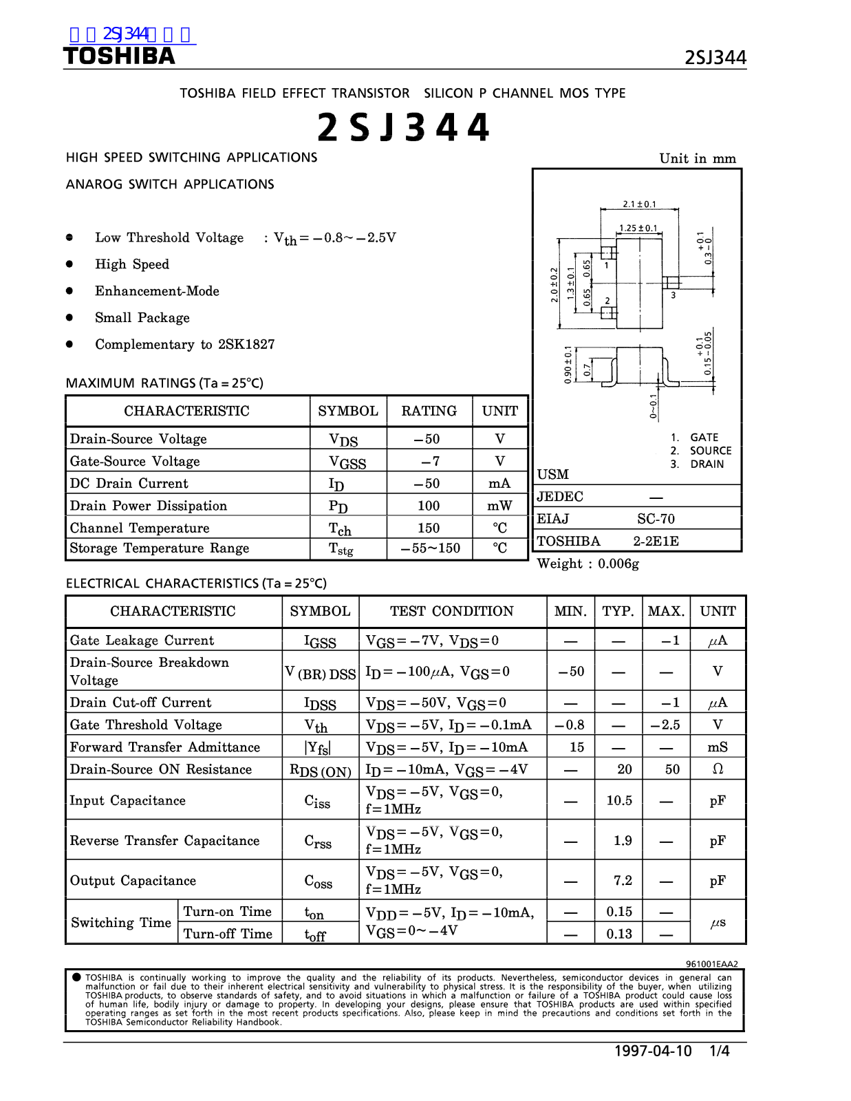 TOSHIBA 2SJ344 Technical data