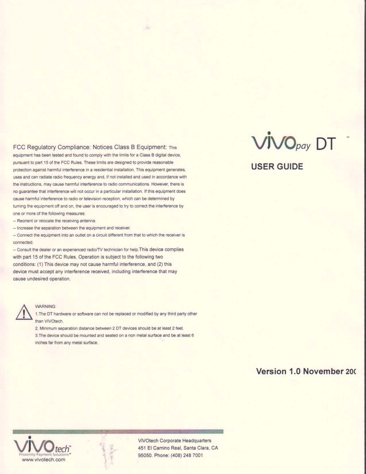 ViVOtech 030XXDT Users Manual