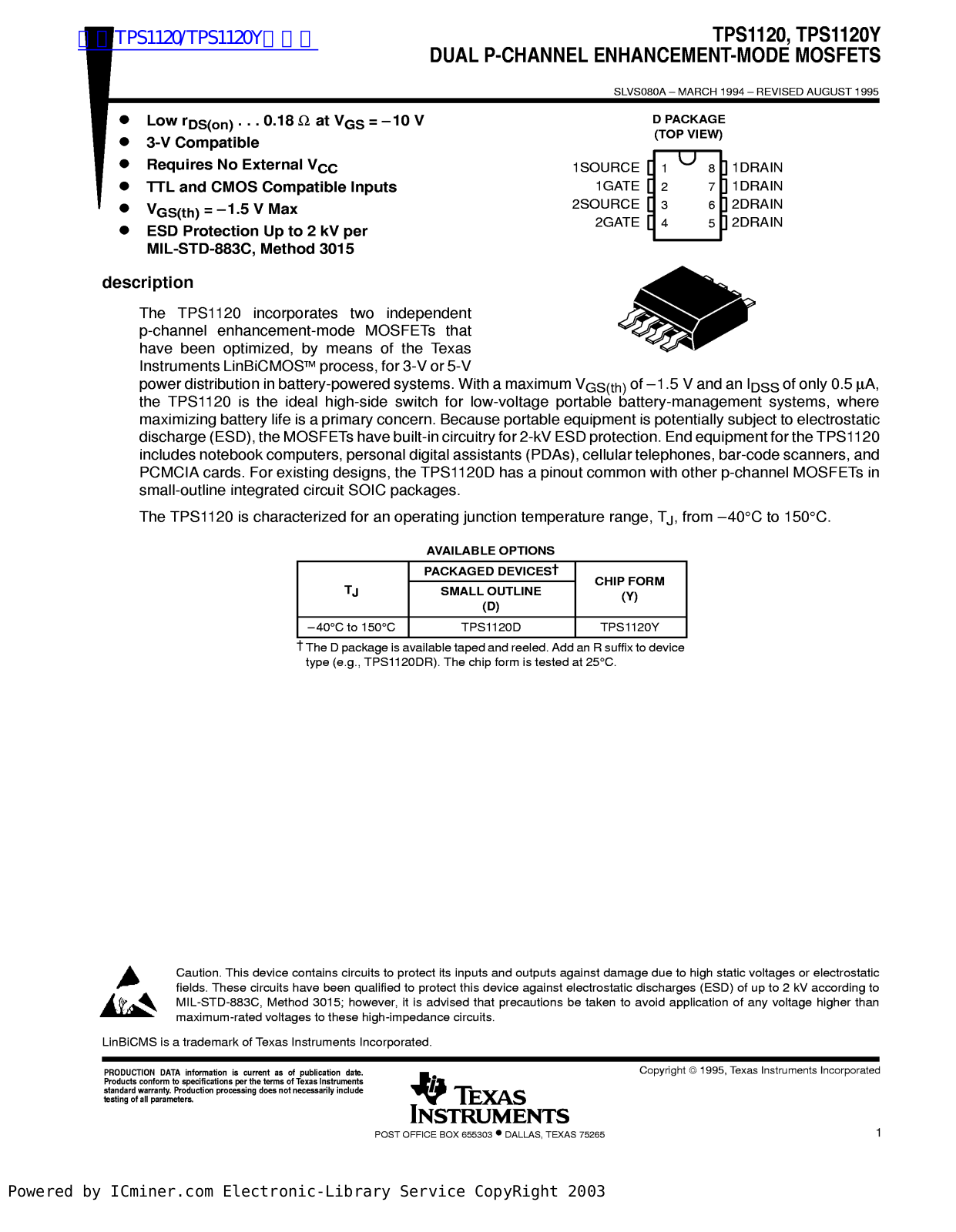 TEXAS INSTRUMENTS TPS1120, TPS1120Y Technical data