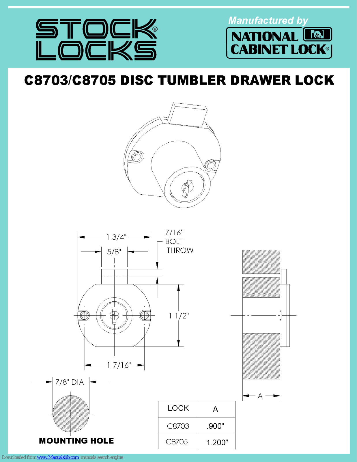 National Cabinet Lock C8703, C8705 Dimensional Drawing - ManualMachine.com