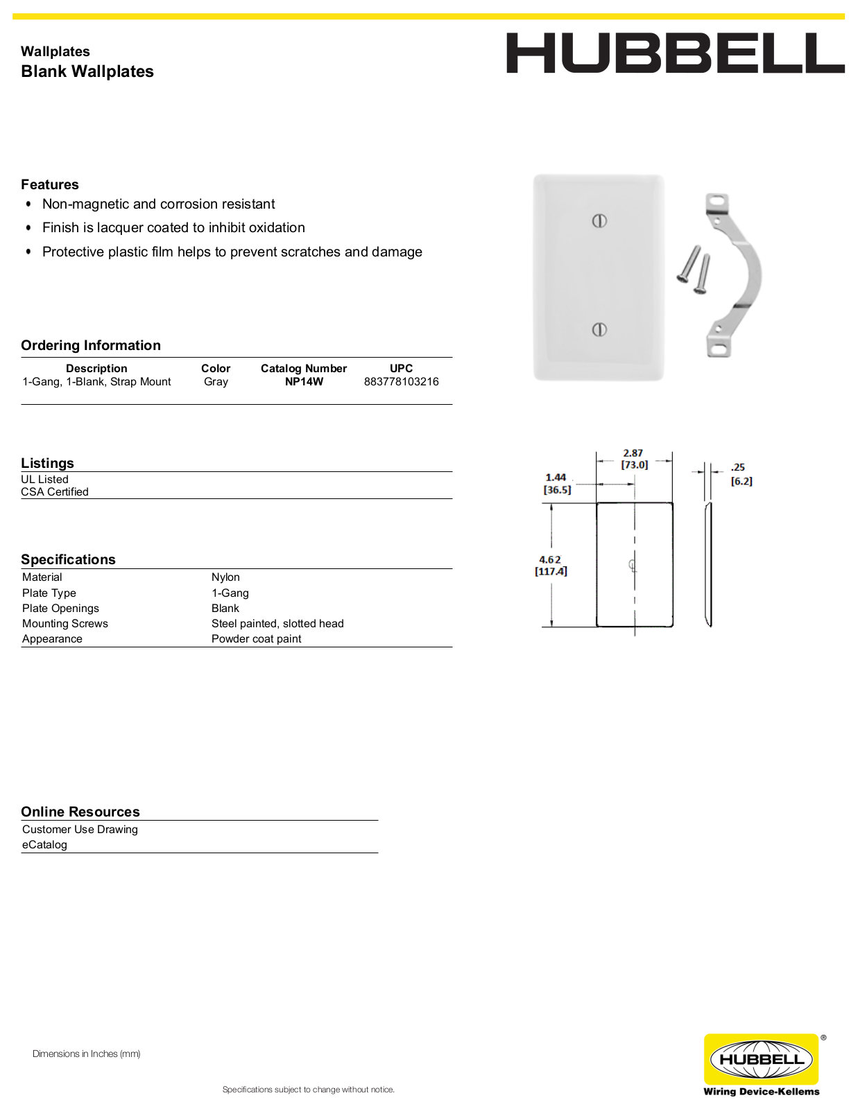 Hubbell NP14W Specifications