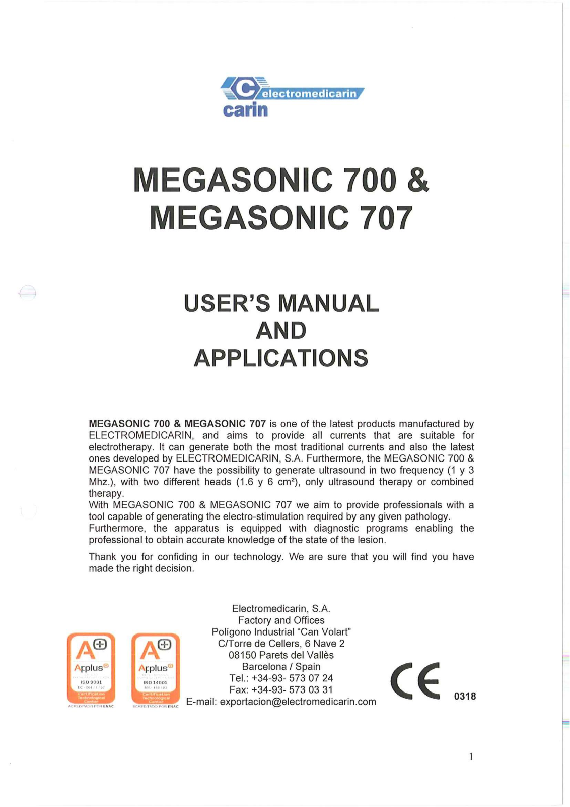Electromedicarin Megasonic 700, Megasonic 707 User manual