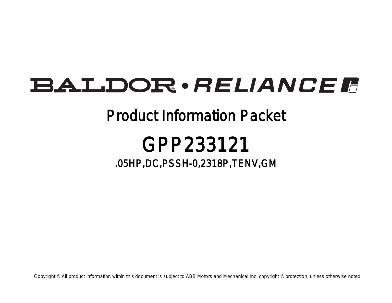 Baldor GPP233121 Product Information Sheet