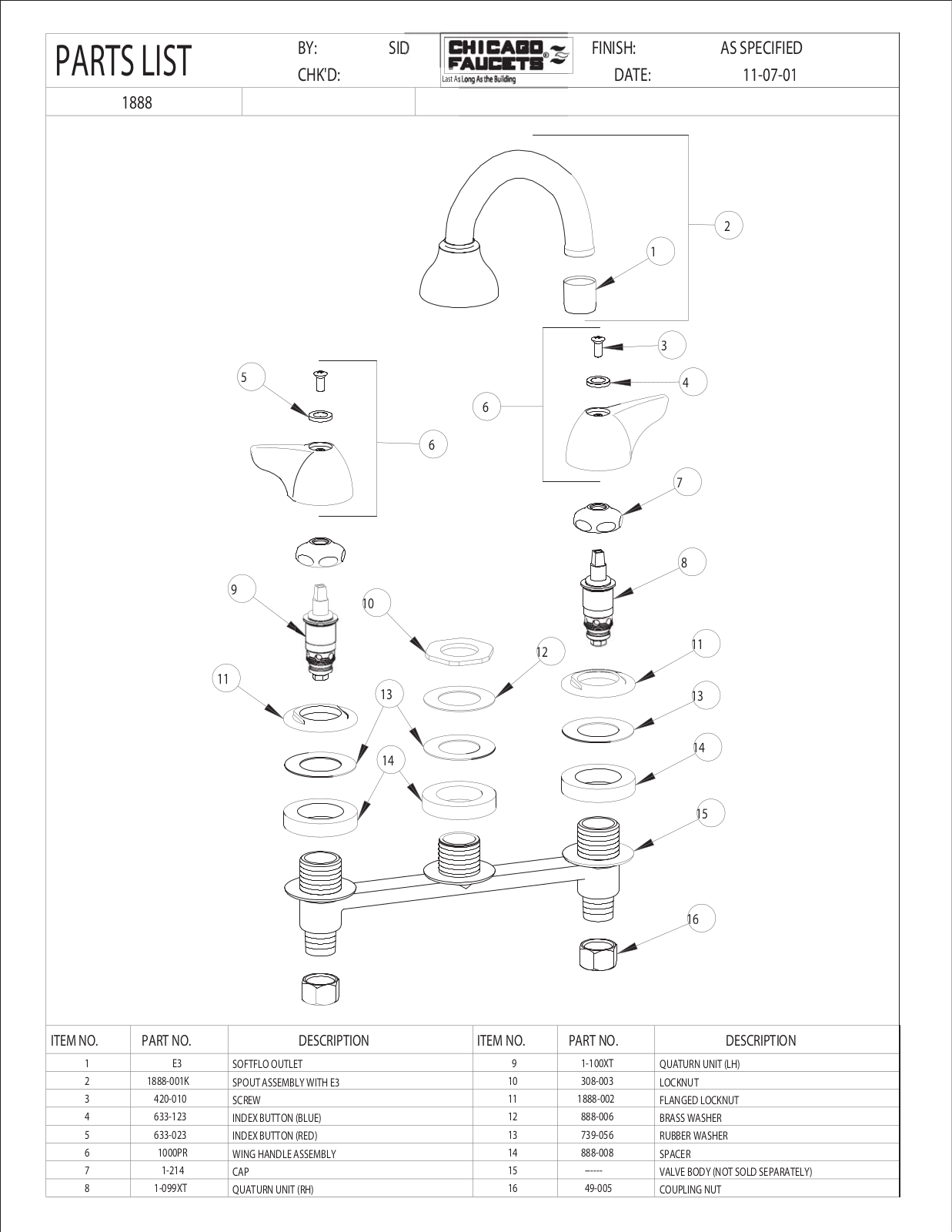 Chicago Faucet 1888 Parts List