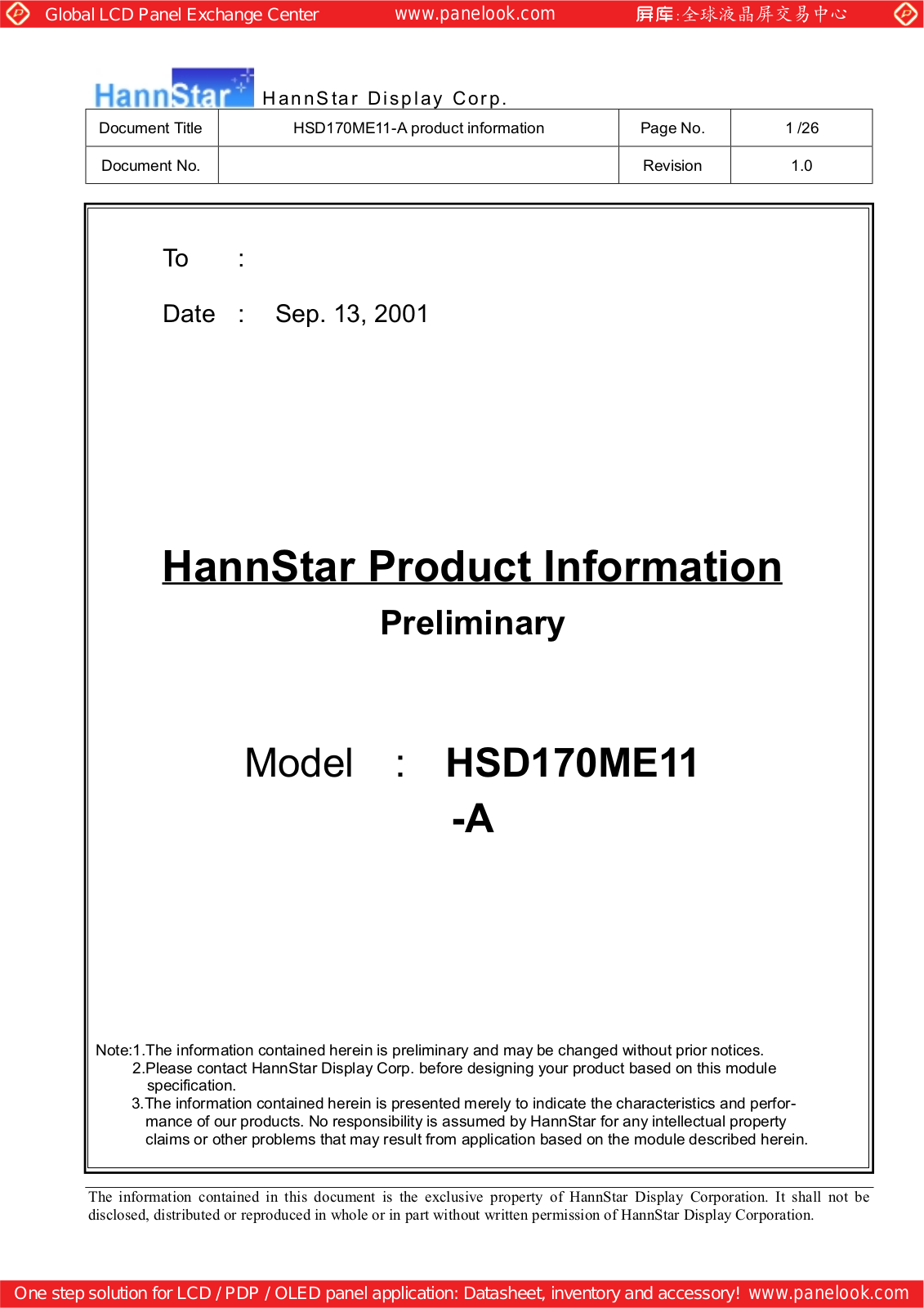 HannStar HSD170ME11-A00 Specification