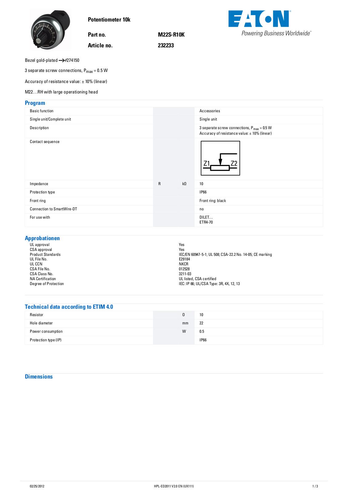 Cutler Hammer, Div of Eaton Corp M22S-R10K Data Sheet