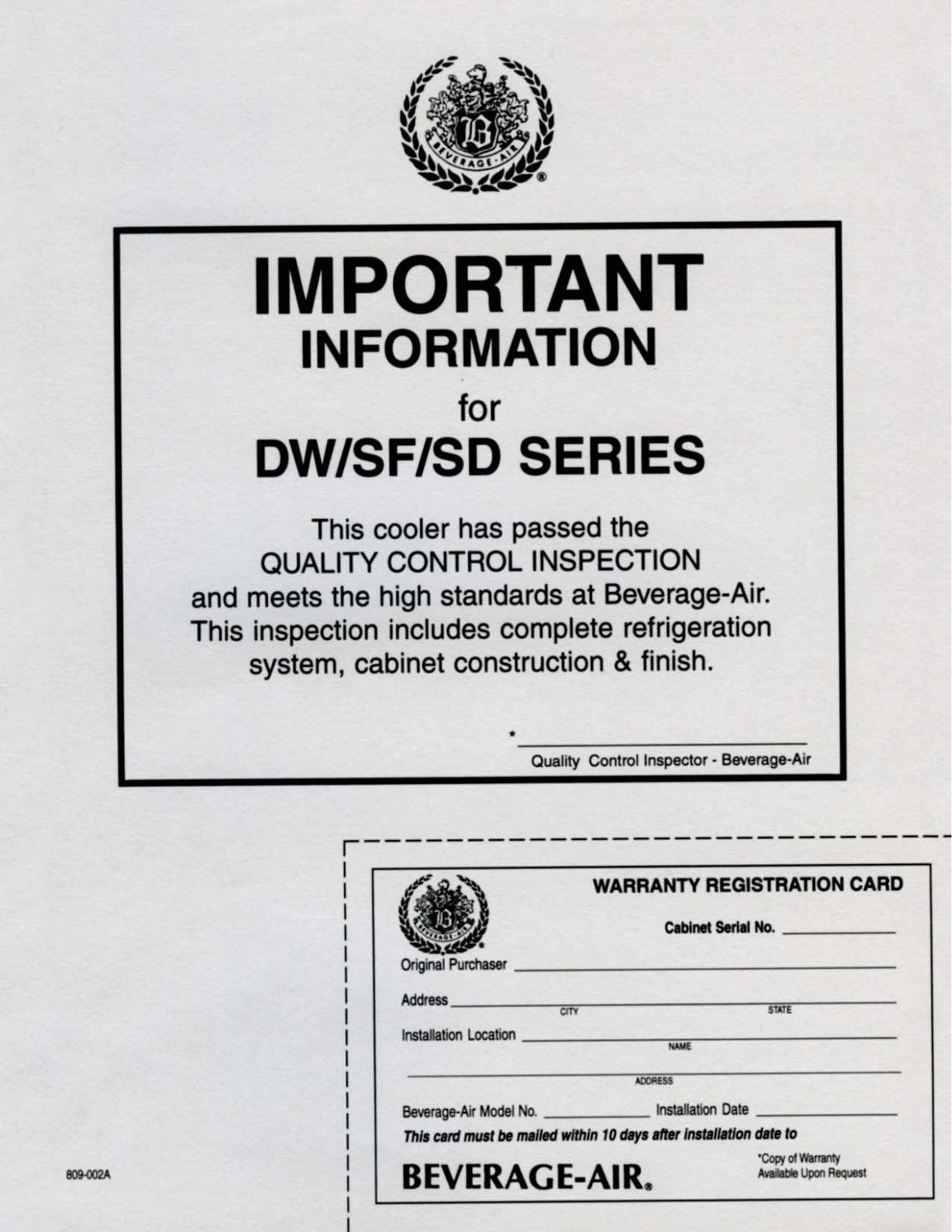 Beverage-Air DW94S, DW49B, DW49S, DW49B29, DW49S29 User Manual