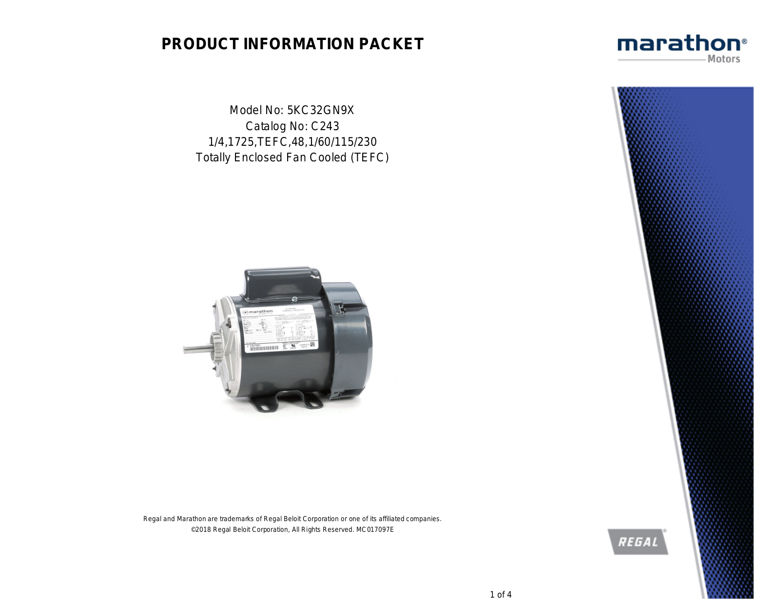 Marathon Electric 5KC32GN9X Product Information Packet