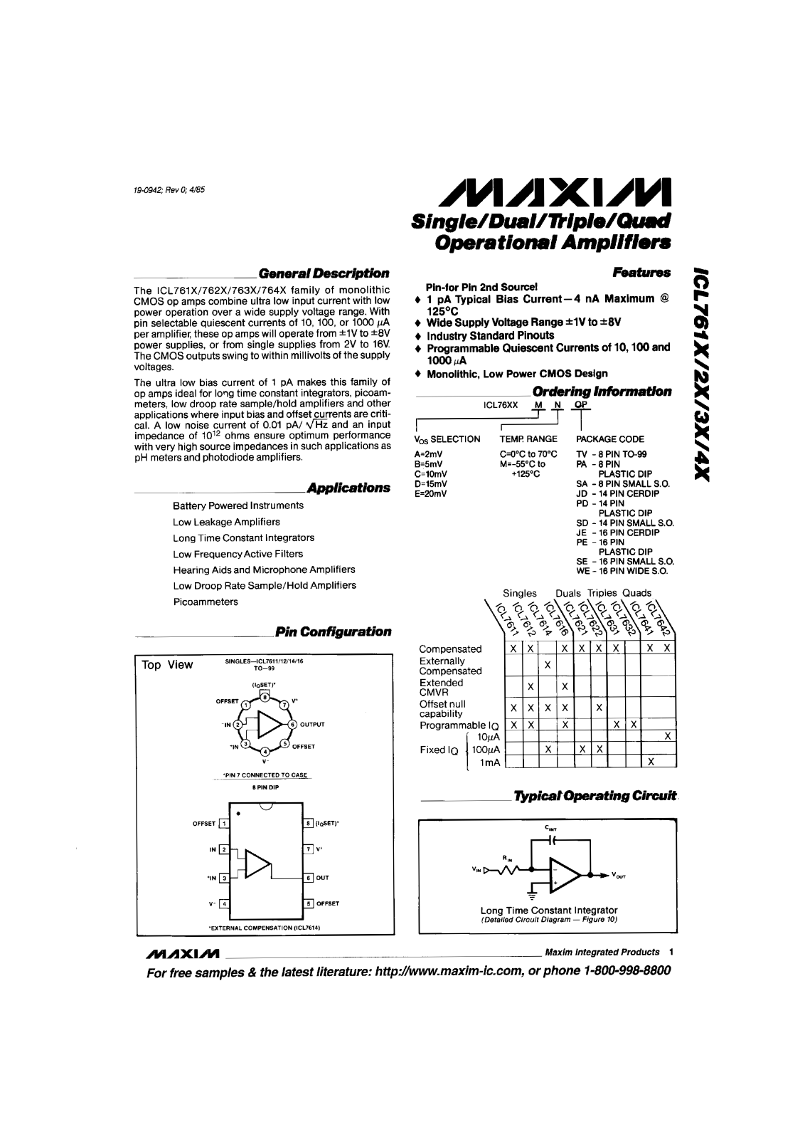 Maxim Integrated Producs ICL7614AMTV, ICL7614BCPA, ICL7614BCSA, ICL7614BCTV, ICL7614BMTV Datasheet