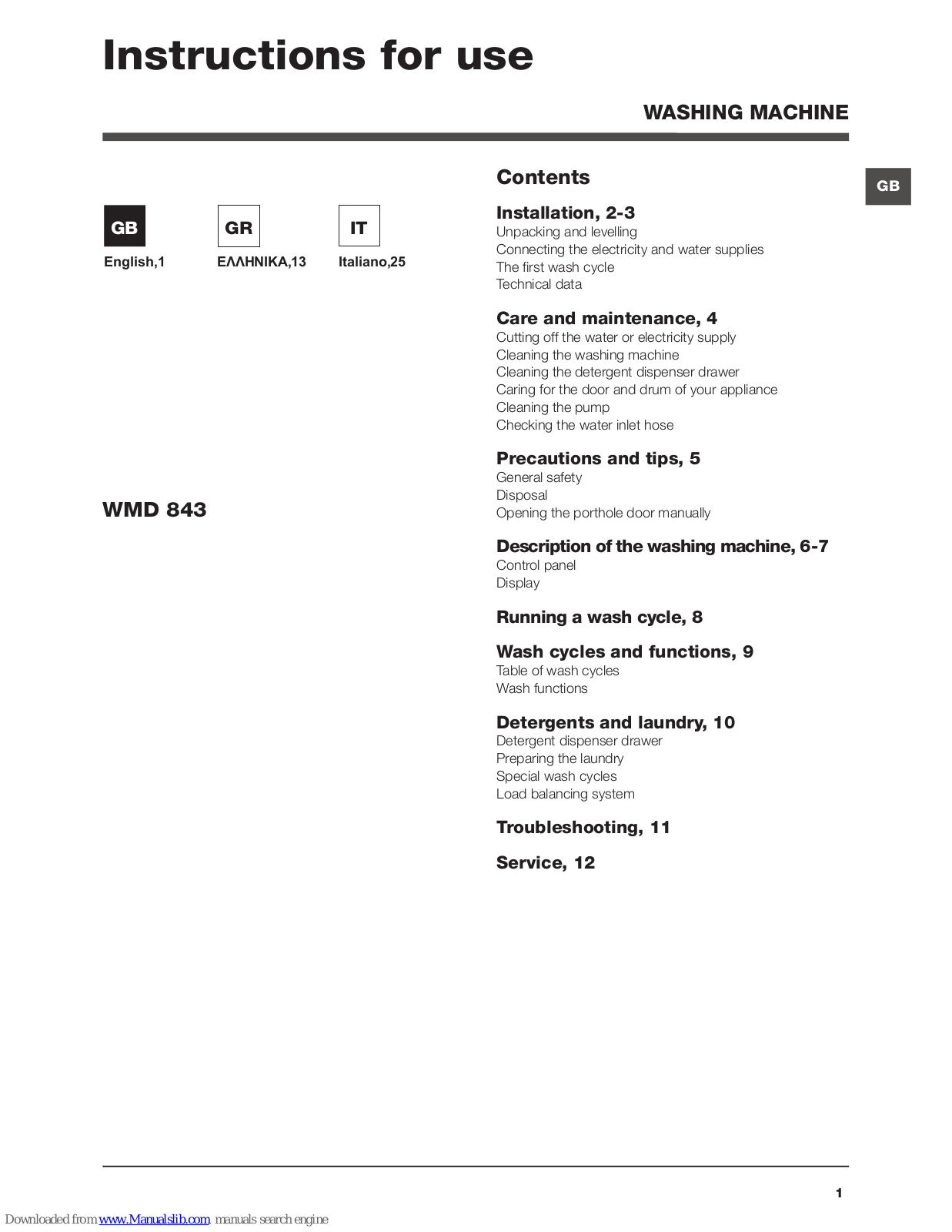 Hotpoint Ariston WMD 843 Instructions For Use Manual