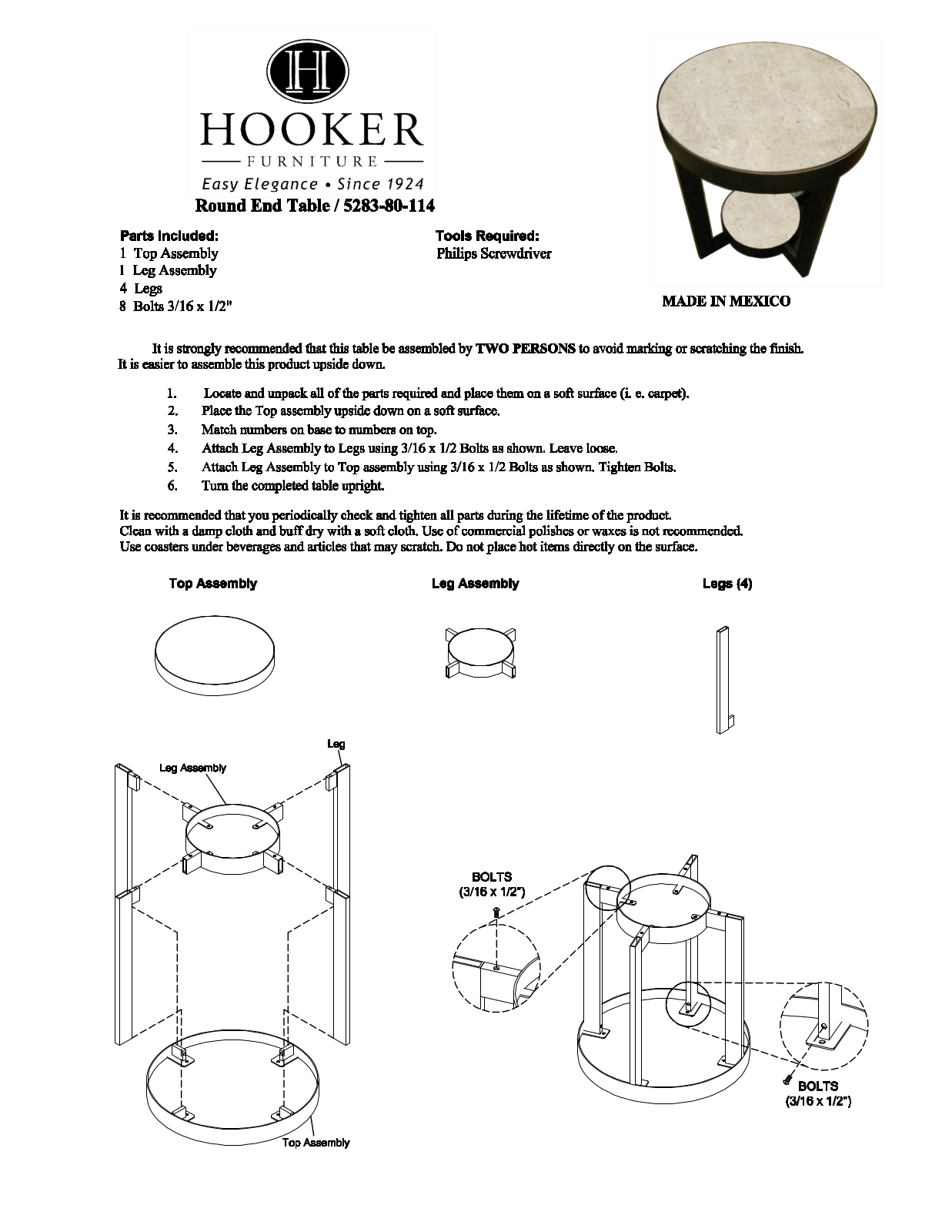 Hooker Furniture 528380114 Assembly Guide