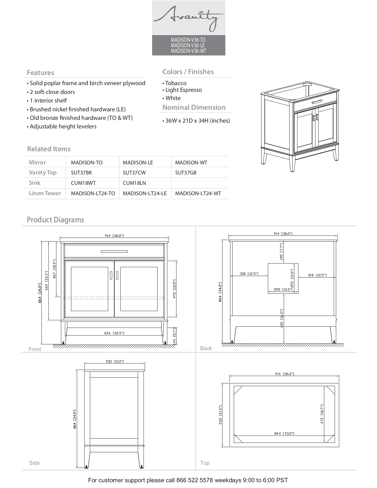 Avanity MADISONVS36WTA, MADISONVS36WTC Specifications