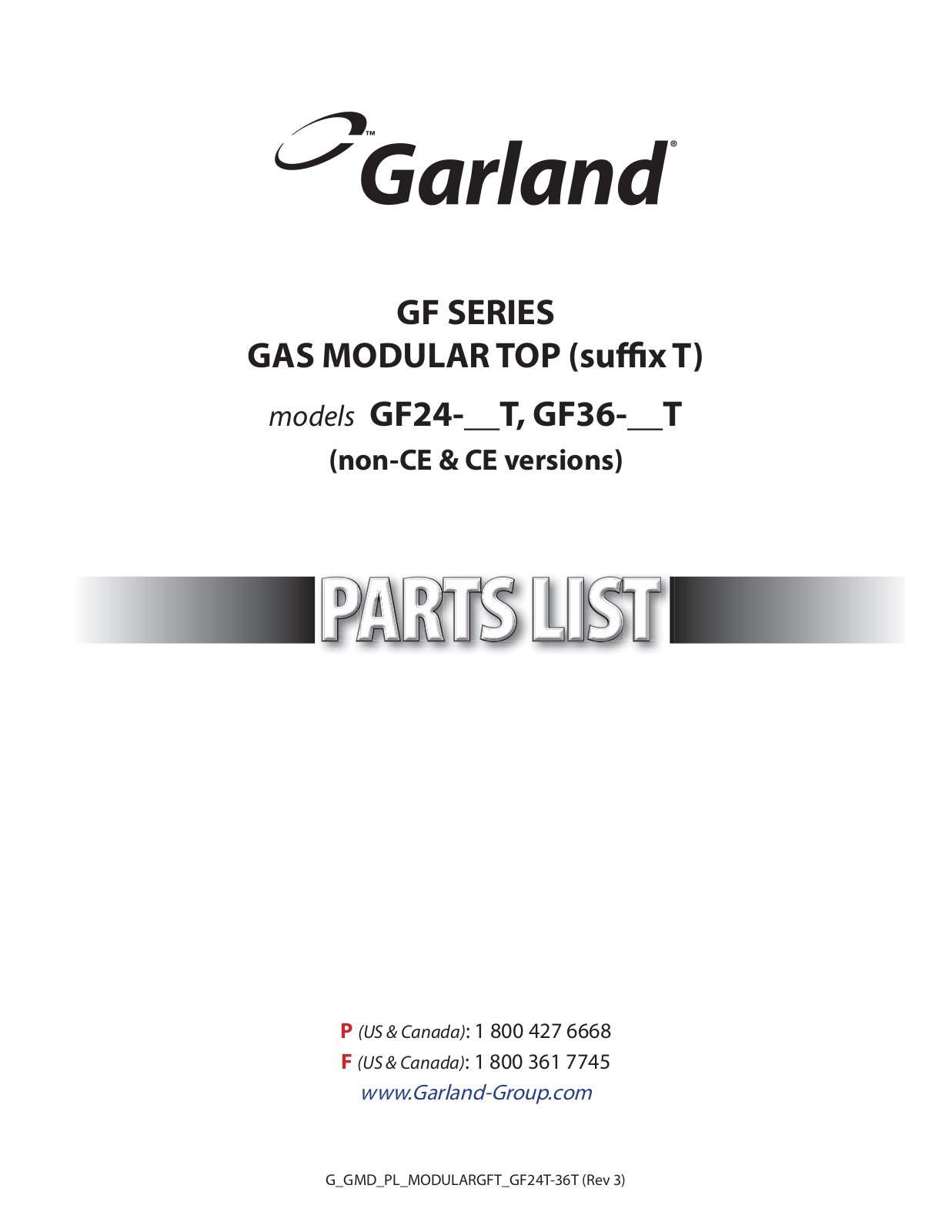 Garland GF2G24T Parts List