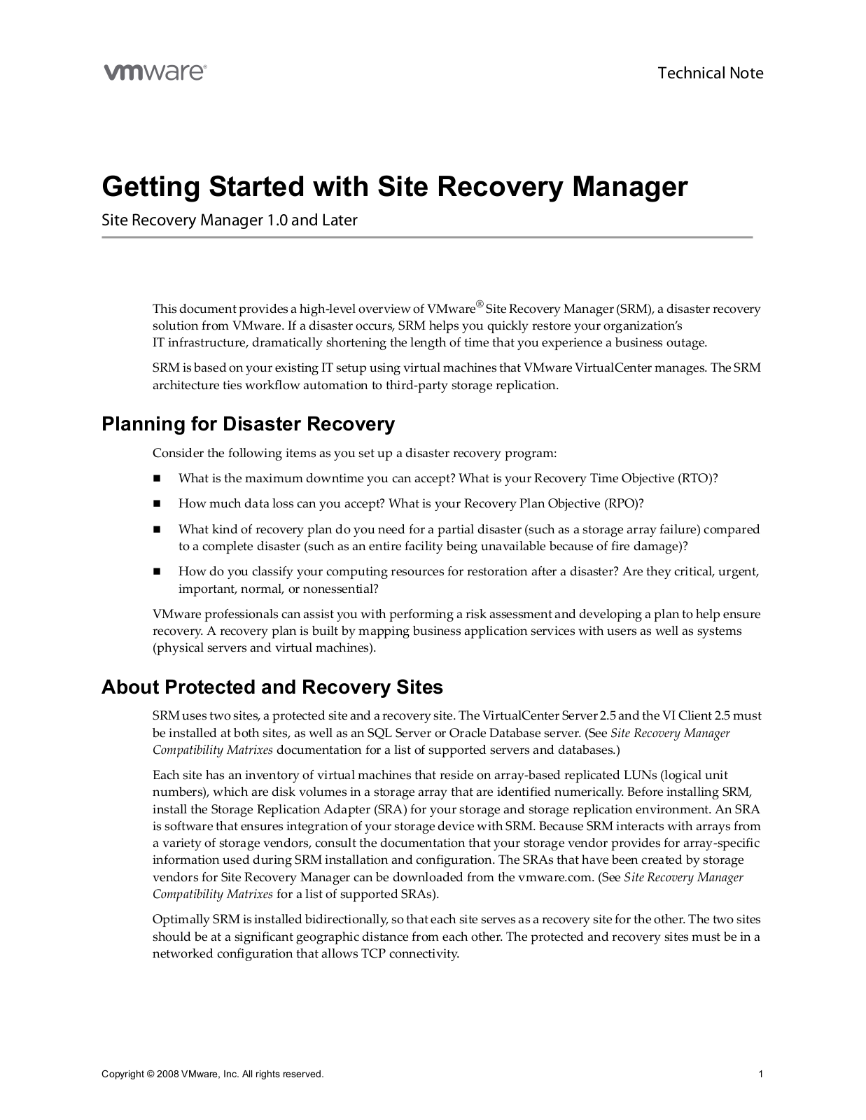 VMware vCenter Site Recovery Manager - 1.0 Getting Started