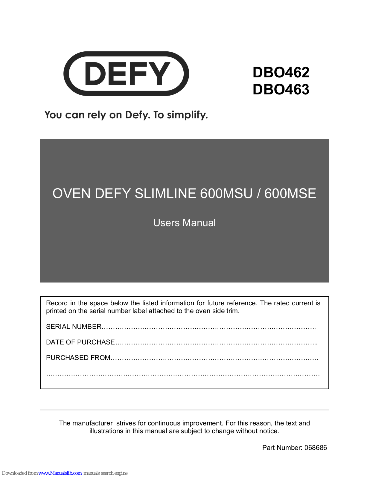 Defy DBO462, DBO463, Slimline 600 OEM 64221 M, Slimline 600MSU, Slimline 600MSE User Manual