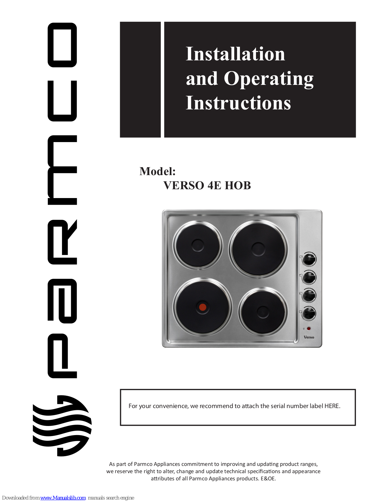 Parmco VERSO 4E HOB, HOB6S-4E-4, HOB6W-4E-4 Installation And Operating Instructions Manual