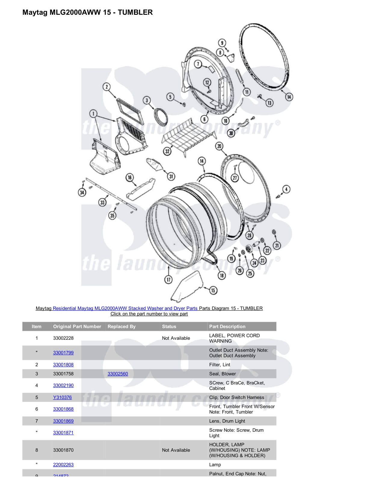 Maytag MLG2000AWW Stacked and Parts Diagram