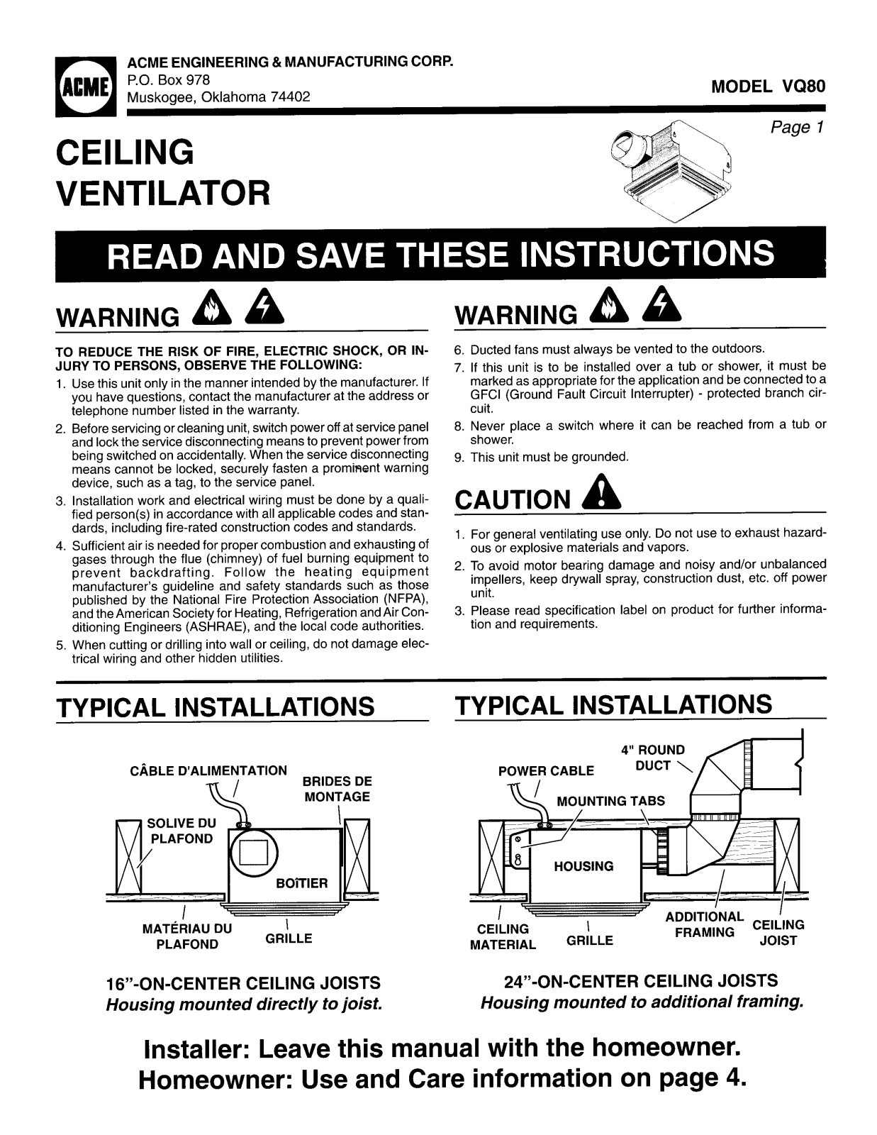 Acme Engineering VQ80 Installation  Manual