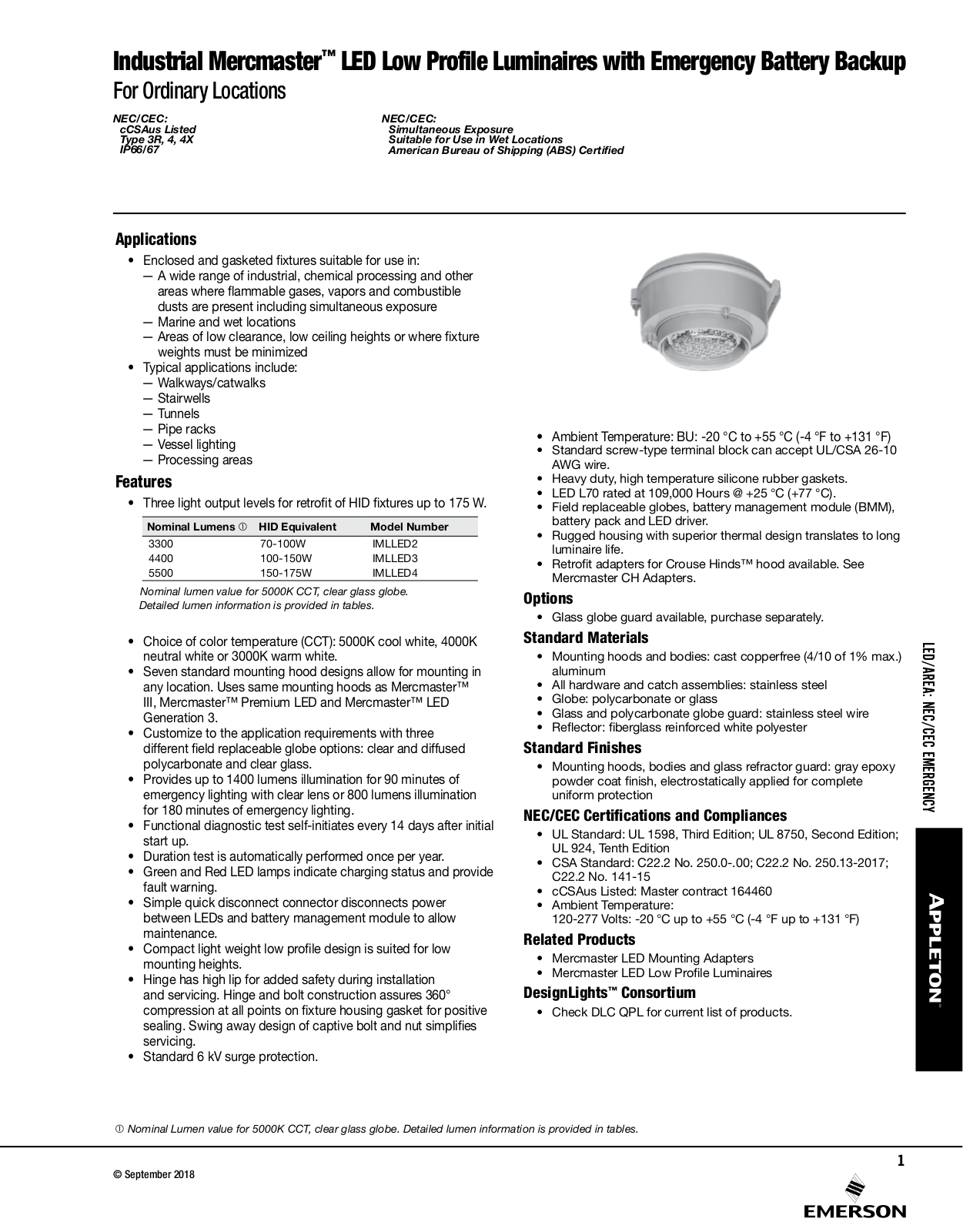 Appleton Industrial Mercmaster™ LED Low Profile Luminaires with Emergency Battery Backup Catalog Page