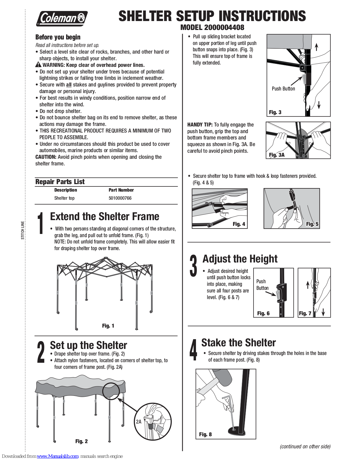 Coleman STITCHLINE 2000004408, SHELTER Setup Instructions