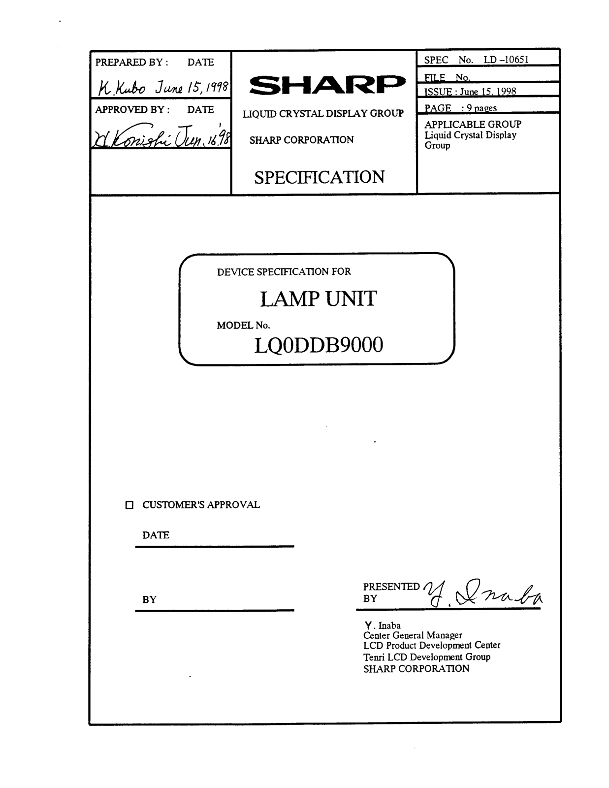 Sharp LQ0DDB9000 Datasheet