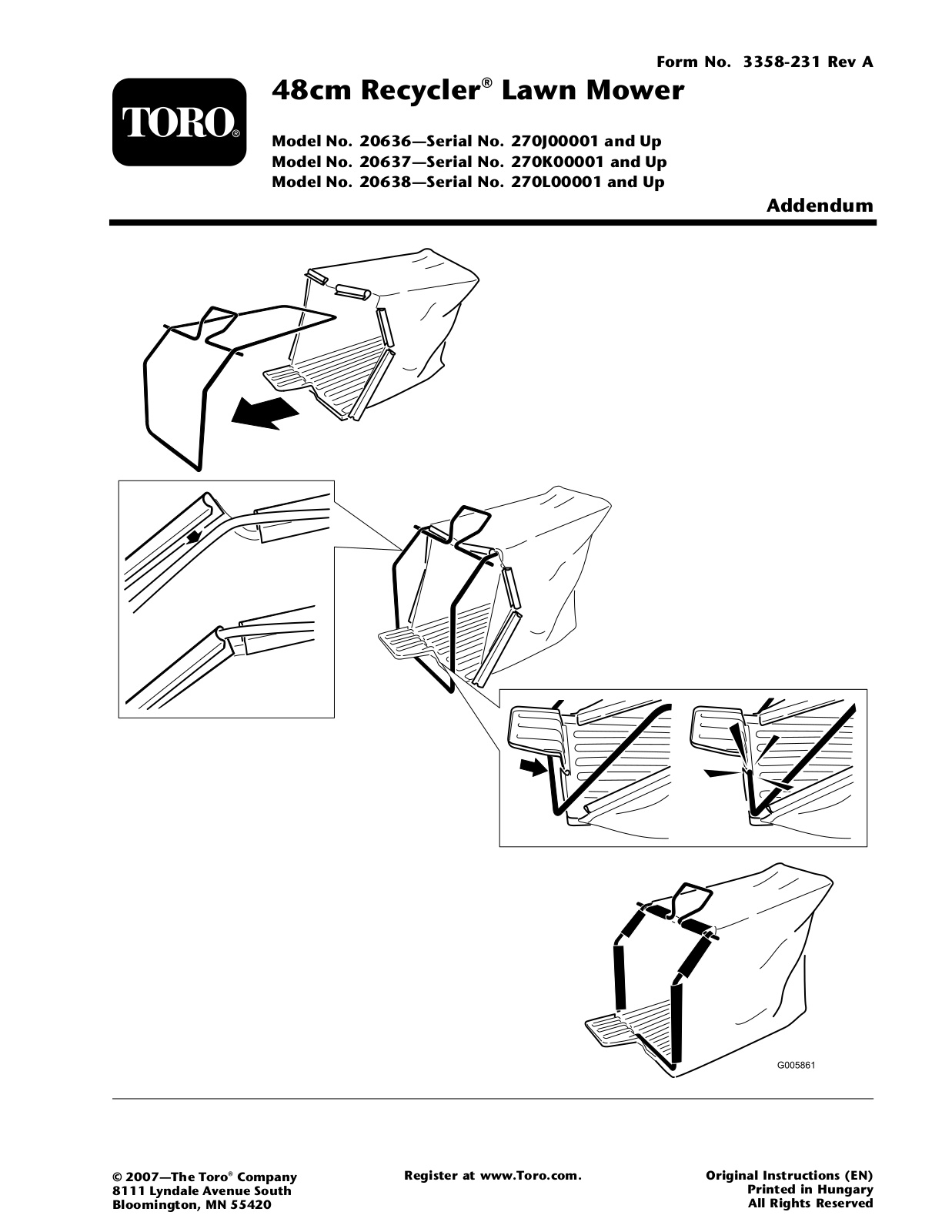 Toro 20637, 20636, 20638 Addendum