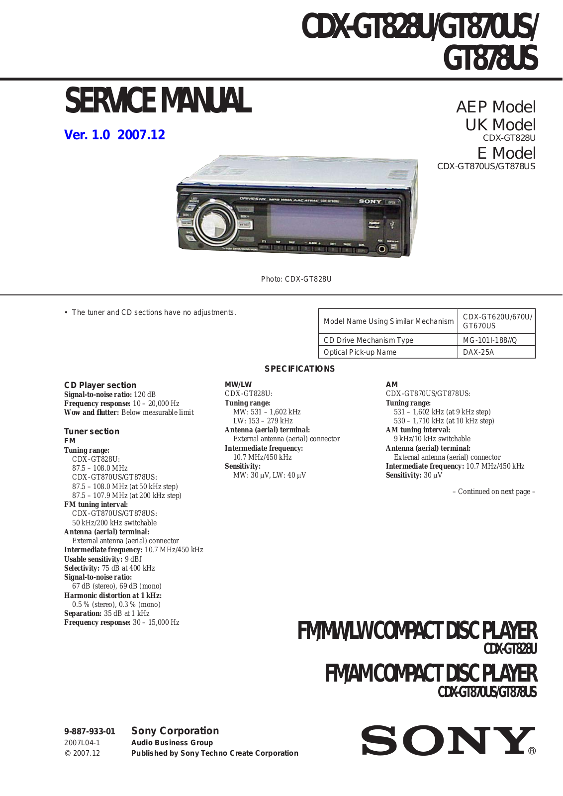 Sony CDXGT-820-U, CDXGT-870-US, CDXGT-878-US Service manual
