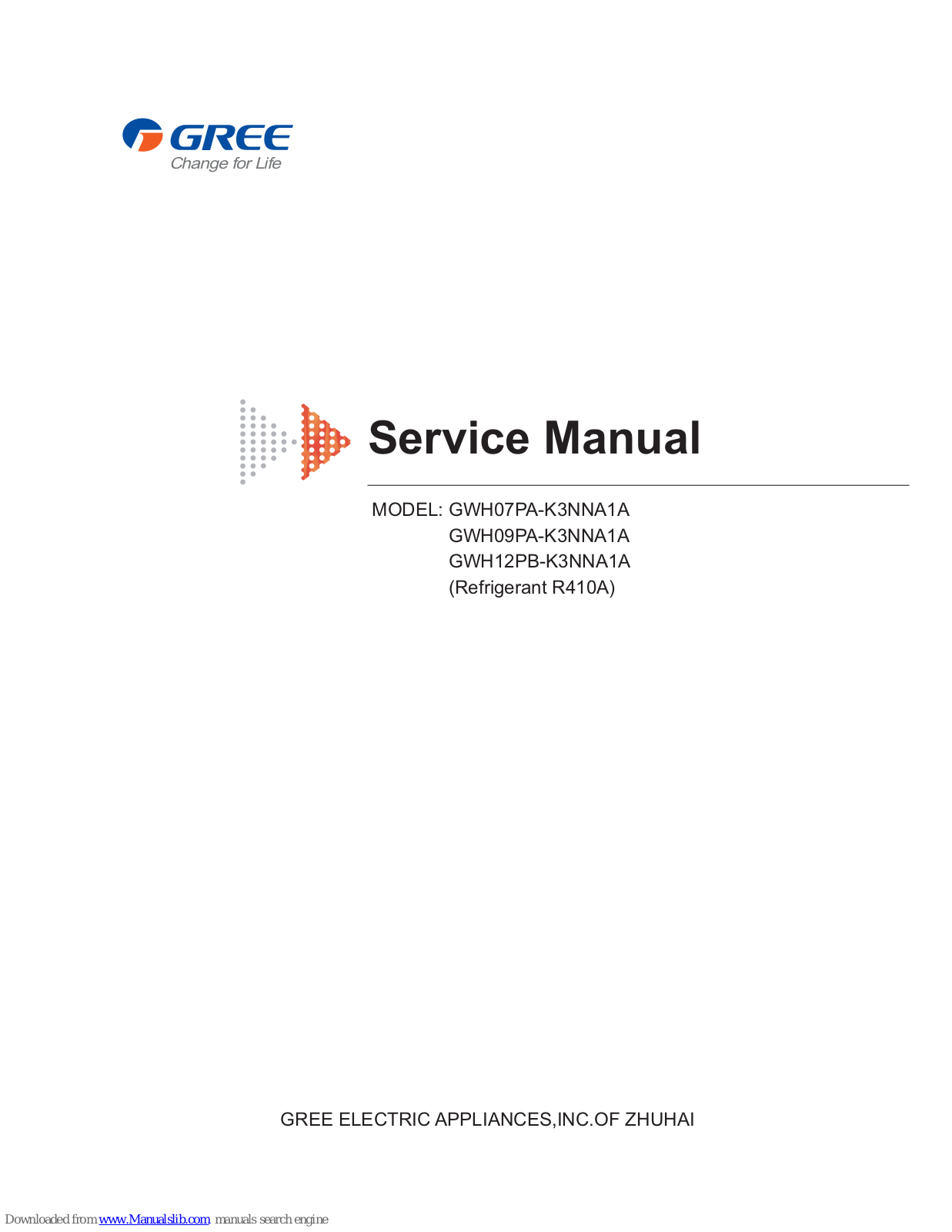 Gree GWH07PA-K3NNA1A, GWH09PA-K3NNA1A, GWH12PA-K3NNA1A Service Manual