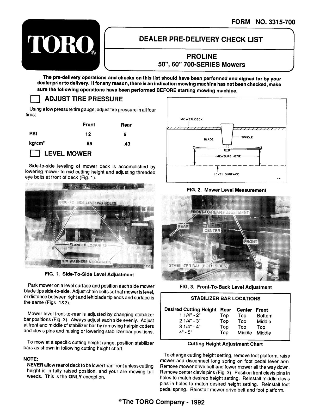 Toro 78445, 78475 Delivery Checklist