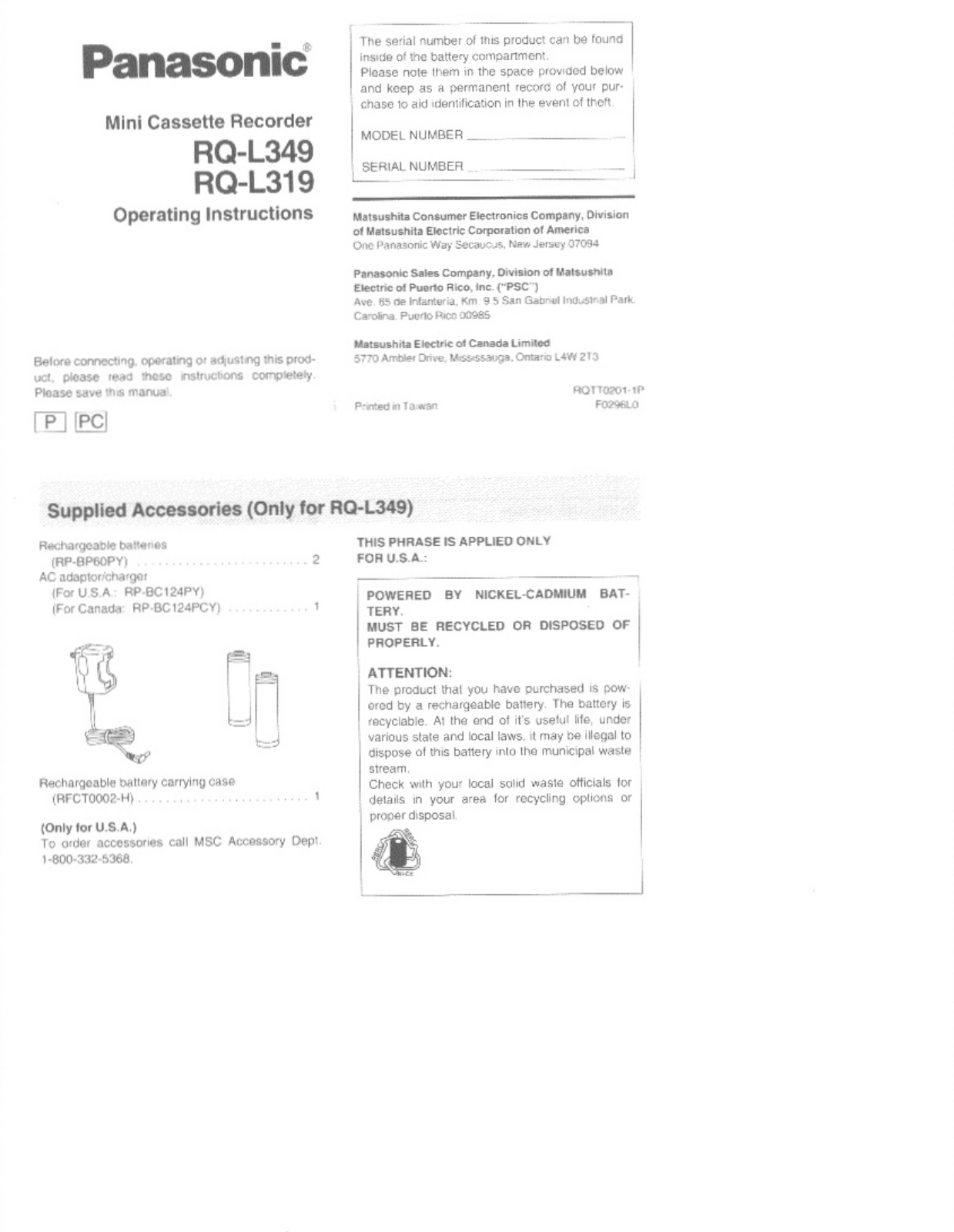 Panasonic rq-l349 Operation Manual