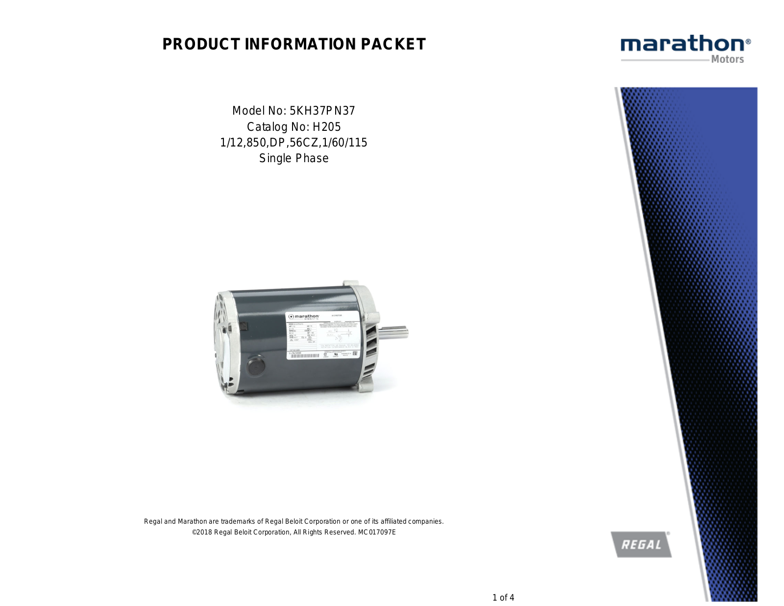 Marathon Electric 5KH37PN37 Product Information Packet