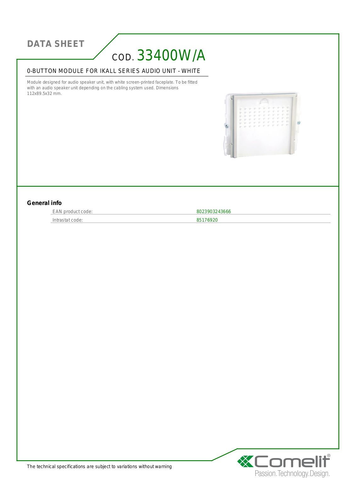 Comelit 33400W-A Specsheet