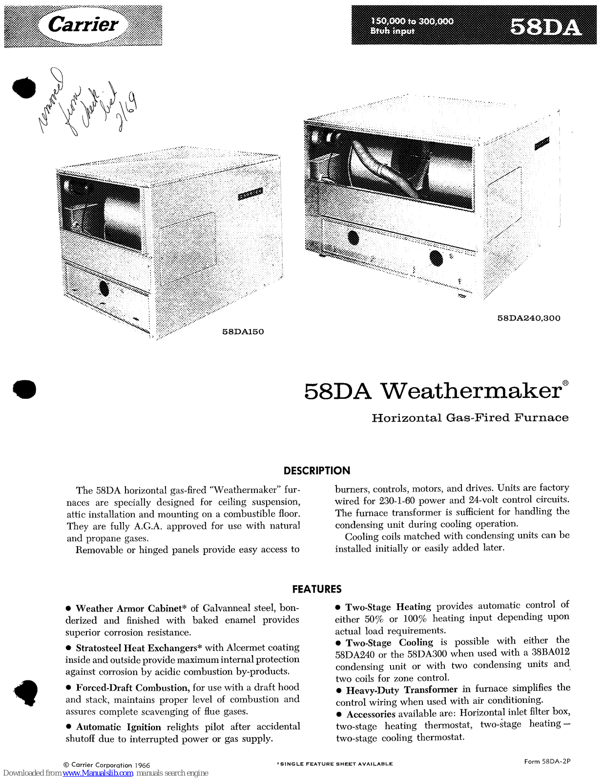 Carrier Weathermaker 58DA150, Weathermaker 58DA240, 300, Weathermaker 58DA300 User Manual - ManualMachine.com