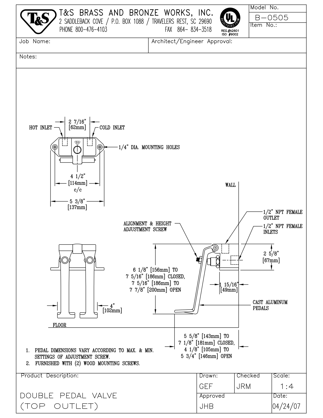 T & S Brass & Bronze Works B-0505 General Manual