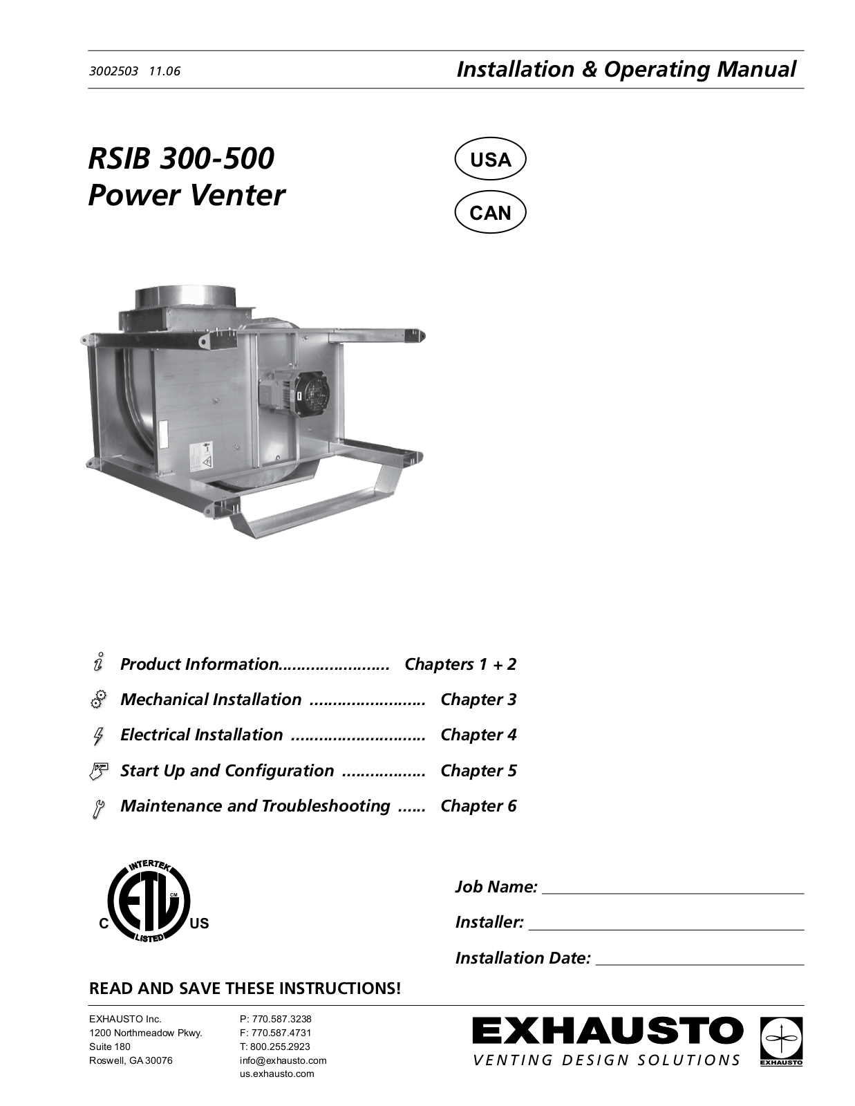 Energy Tech Laboratories RSIB 300-500 User Manual