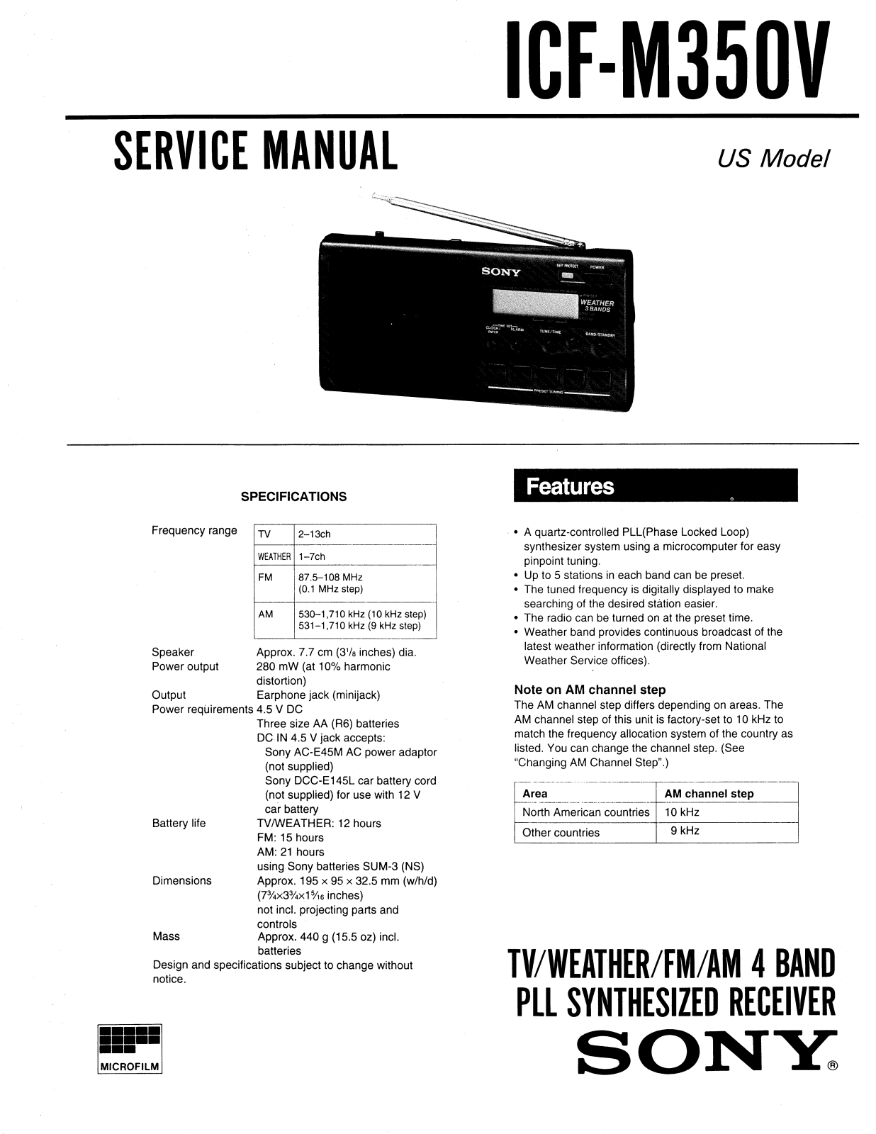 Sony ICFM-350-V Service manual