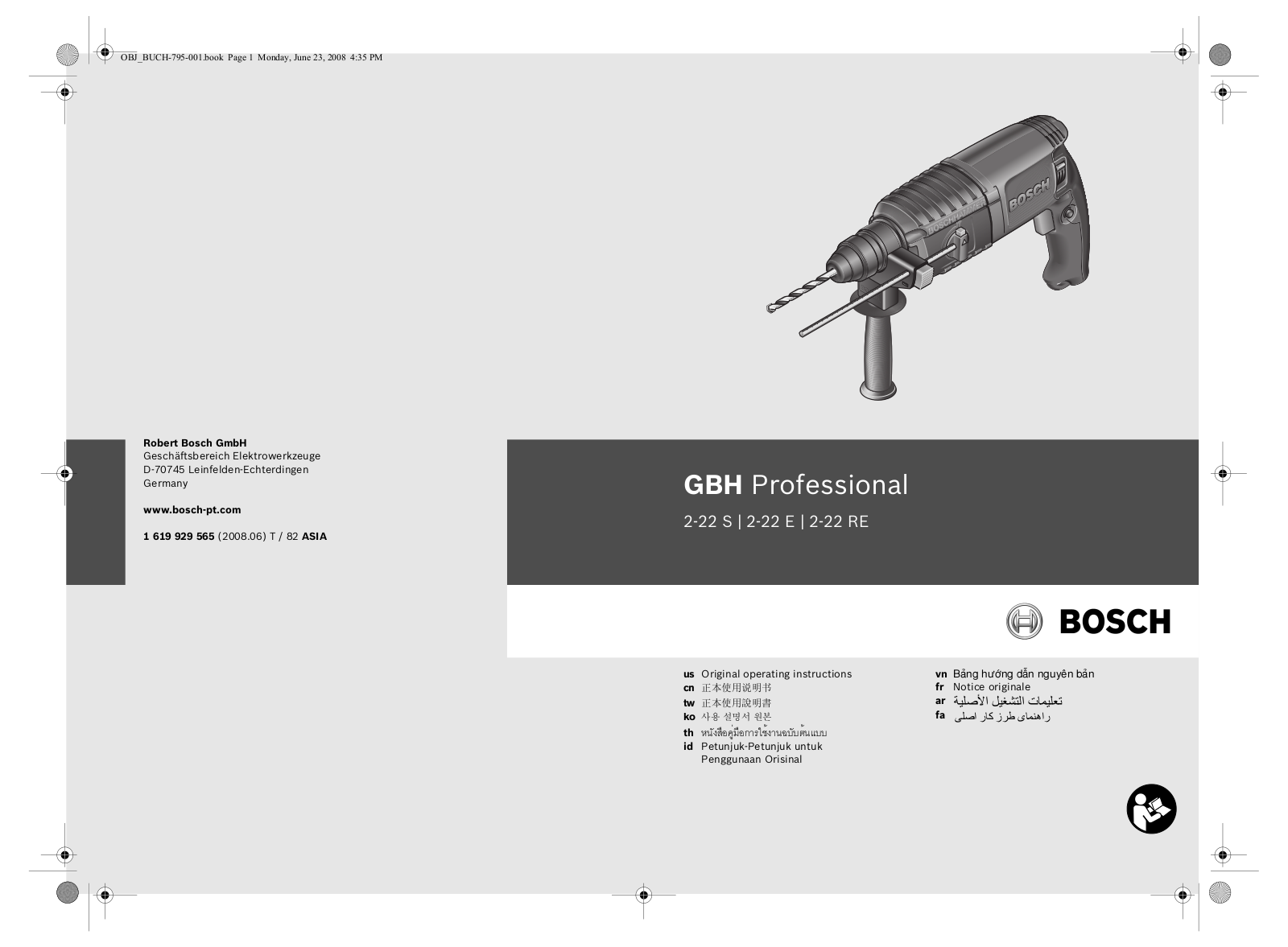 Bosch GBH Professional 2-22 S, GBH Professional 2-22 E, GBH Professional 2-22 RE Original Operating Instructions